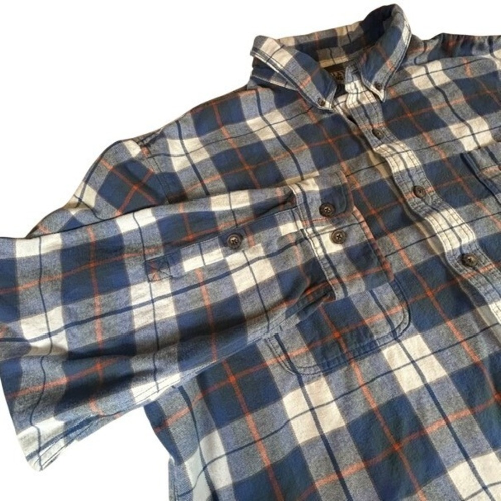 Duluth Trading‎ Co. Blue White Orange Plaid Long Sleeve Flannel Shirt 2XL Tall